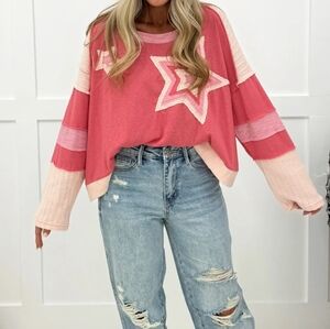 POL Patchwork Star Longsleeve Top Oversized Fits to 1X Boho Cozy